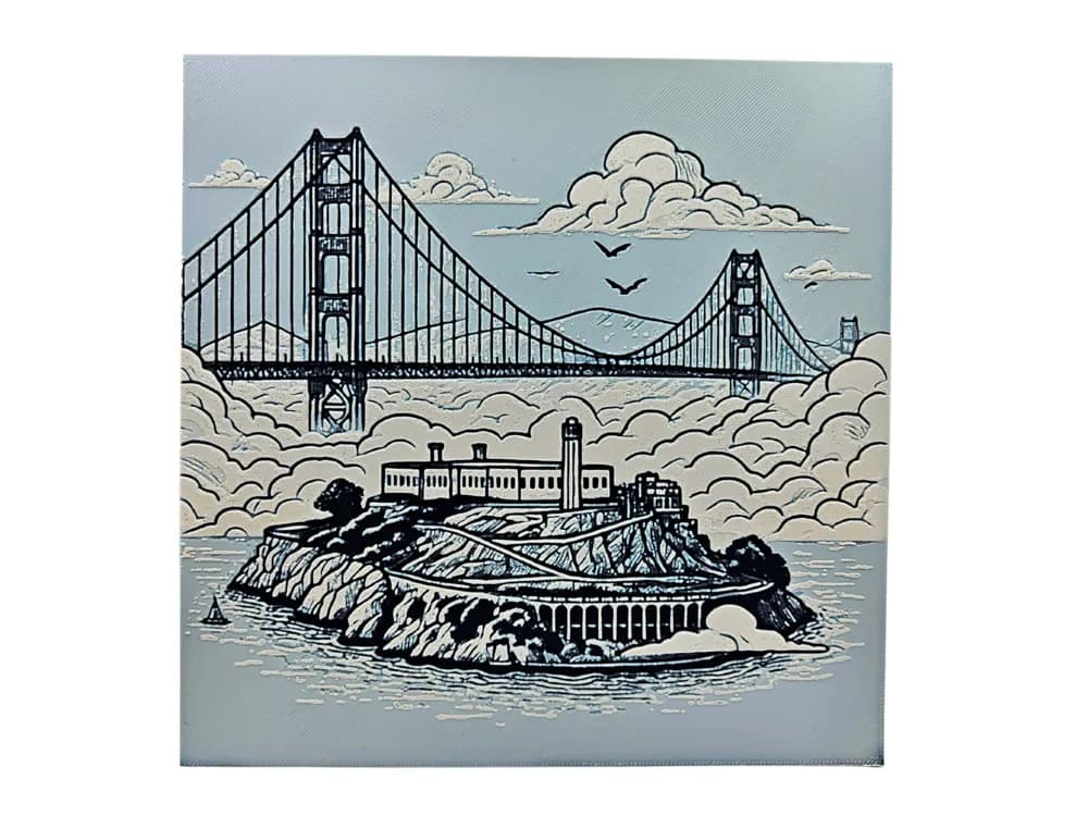 HueForge model: San Francisco (Alcatraz Island and the Golden Gate Bridge) by BusyKikiBee