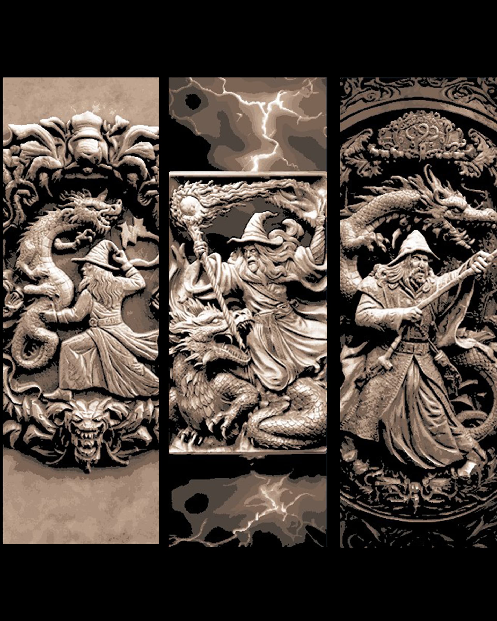 Continuation of the Carved historical depictions of Wizard vs Dragon - Set of Bookmarks by BooneCo3d HueForge model: Continuation of the Carved historical depictions of Wizard vs Dragon - Set of Bookmarks by BooneCo3d