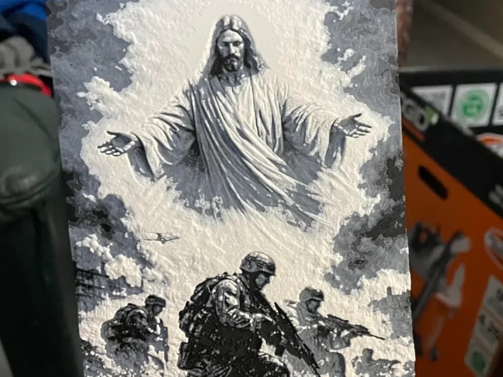 Jesus Watching over Soldiers Hueforge by Advancedtechworldwide HueForge model: Jesus Watching over Soldiers Hueforge by Advancedtechworldwide