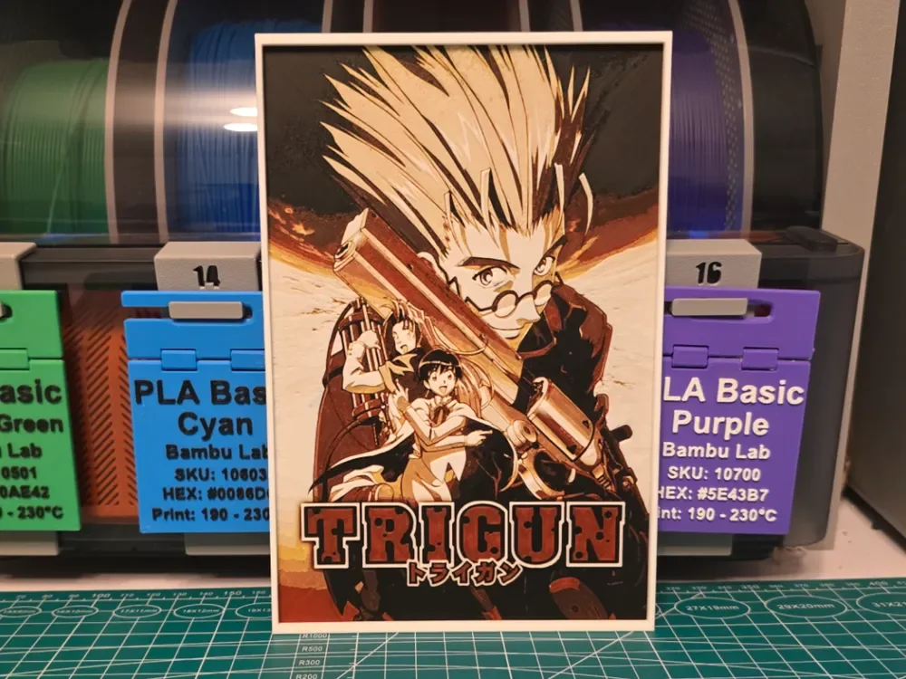 Trigun Anime Poster - Hueforge Art by Lumpy3D HueForge model: Trigun Anime Poster - Hueforge Art by Lumpy3D