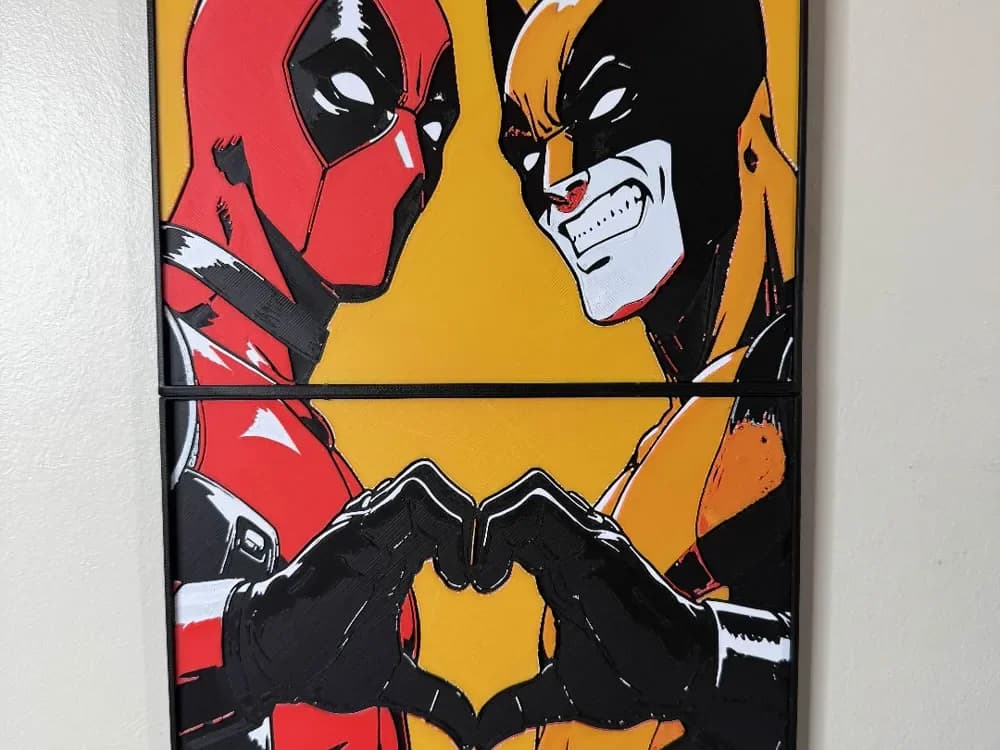 Deadpool and wolverine heart hands 8x16 poster by SBC Creations HueForge model: Deadpool and wolverine heart hands 8x16 poster by SBC Creations